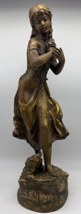 Vintage Brass Girl With Lamb Figurine - 21 in