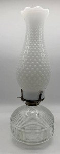 Vintage Glass Oil Lamp With Milkglass Hobnail Chimney - 15.5 in