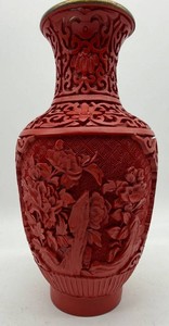 Carved Red Cinnabar-Style Decorative Vase - Material Unconfirmed