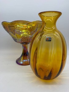 Vintage Blenko Handmade Amber Glass Vase & Grape-Motif Compote