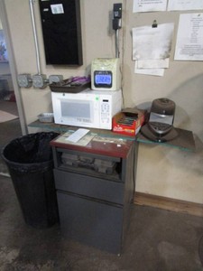 Time Clock, Microwave, Cabinet & Misc Items