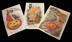 A - Three Halloween Tapestries  Illustrated Seasonal Wall Hangings
