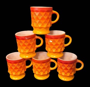 A - Set of 6 Vintage Fire-King Kimberley Mugs Red Orange Ombre Milk Glass Anchor Hocking MCM with Stand