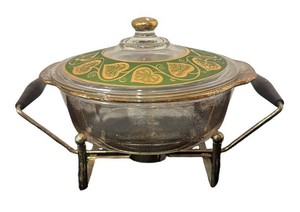A - Vintage Fire-King Culver Glass Toledo Green Casserole Dish With Warmer Stand