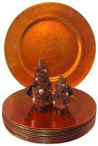A - 14 Orange Charger Plates & Decorative Trees