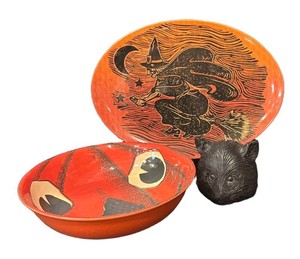 A - Pottery Barn Decorative Serving Platter, John Derian Melamine Bowl & Black Cat Candle