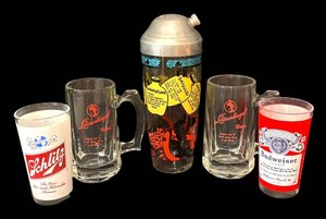 A - Vintage Cocktail Shaker with Beer Glass Assortment