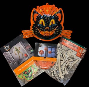 A - Large Plastic Cat Decor, Jointed Skeletons and Paper Pumpkin Lanterns
