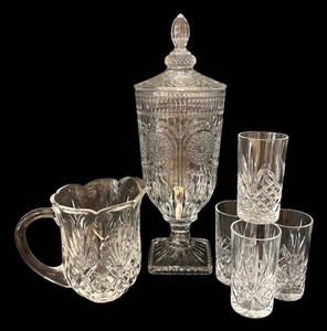 A - Crystal and Clear Glass Beverage Dispenser, Pitcher and 4 Tumblers