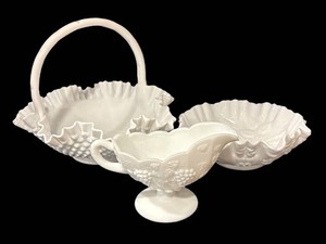 A - Vintage Milk Glass Basket Bowl, Dish & Gravy Boat