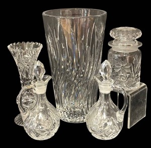 A - Vintage Crystal and Clear Glass Vases, Cruets & Canister