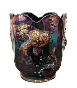 B - Vintage Fenton Carnival Glass Atlantis Koi Fish Vase Marigold Iridescent Scalloped
