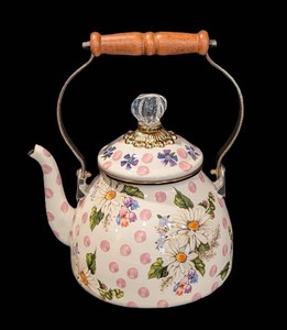 B - MacKenzie-Childs Wildflowers Pink Tea Kettle Enameled 3-Qt Daisy Flower Rare