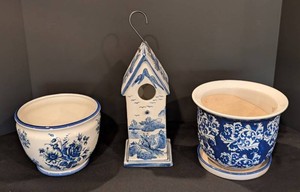 C - Ceramic Planters & Birdhouse Blue and White Garden Decor