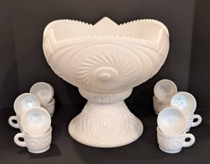 A - Vintage McKee Milk Glass  Punch Bowl Set