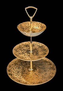 A - Vintage Weeping Bright Gold 3-Tier Dessert Stand  Three Tiered Tidbit Platter