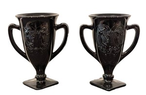 C - Vintage L.E. Smith Black Amethyst Dancing Nymph Vases Pair