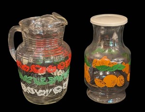 B - Vintage Glass Pitchers - Floral & Fruit Pair