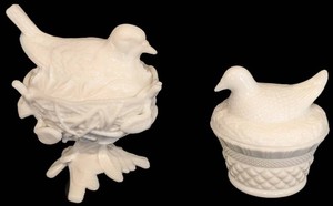 B - Vintage Milk Glass Hen-on-Nest Dishes Pair