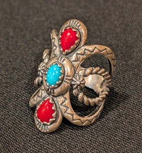 C - Sterling Silver Turquoise & Coral Statement Ring Size 8