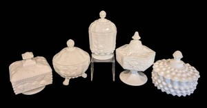 B - Vintage Covered Milk Glass Dishes - Fruit, Hobnail & Pedestal (Lot of 5)