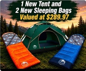 Ultimate Camping Combo Lot with a New Tent and 2 New Sleeping Bags Valued at $289.97 Lot