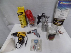 Shop Lot Air hose, Powermate, Drill, Paint Gun, Wagner heat gun, Paint, Filler