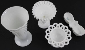 White Milk Glass Hobnail & Ruffled Tableware (Lot of 4)