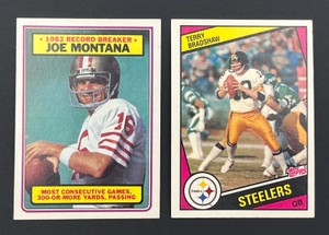 Vintage Football Card Lot - 1983 Topps Joe Montana Record Breaker #4 and 1984 Topps Terry Bradshaw #162