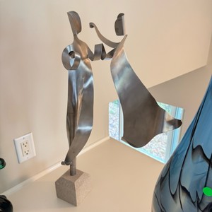 28" Abstract Modernist Steel Dancing Couple Sculpture on Stone Base – Signed LC