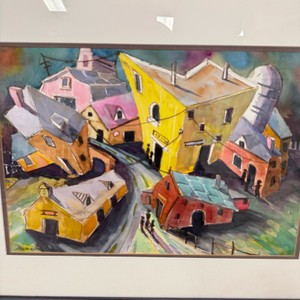 Keith M. Donaldson Signed Colorful Village Watercolor