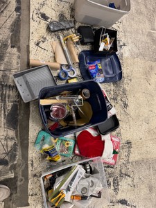 Misc lot of paining supplies, hand tools, yard tools & cleaning supplies