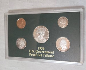 1936 U.S. Government Proof Set Tribute Silver. Each proof has been struck in .999 Pure Silver, except the Penny proof which has been struck in pure copper.  Includes COA