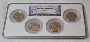 2007-D Satin Uncirculated Set Presidential Dollars slabbed and graded MS66 by NGC.  Included presidents Washington, Adams, Jefferson and Madison