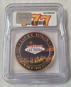 Famous Las Vegas "777" Slot Machine Token - MS70 ICG 1 Oz. Fine Copper Round. Uncirculated mint condition. Only 10000 minted