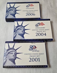 2001 US Mint Proof Set and US Mint 50 State Quarters Proof Set , 2004  US Mint Proof Set and US Mint 50 State Quarters Proof Set, 2006 US Mint Proof Set and US Mint 50 State Quarters Proof Set.  All 3 sets include COA.