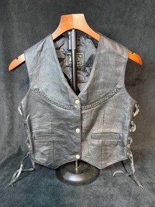 Barneys Leather Black Leather Motorcycle Vest With Braided Trim