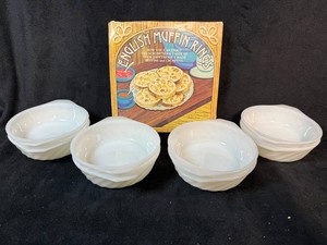 Fox Run English Muffin Rings, 8 Anchor Hocking Fire King White Swirl Individual Casserole Dessert Bowls & Recipe Booklet