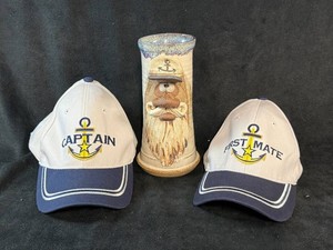 Nautical Captain, First Mate Caps & 3D Figural Boat Captain Stoneware Mug signed Robert Eakin  Mixed Lot