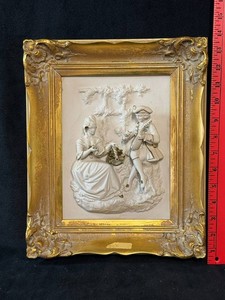 Arl Meissen Art 3D Bisque Porcelain Relief Plaque Rococo Style Castle Park Courting Scene