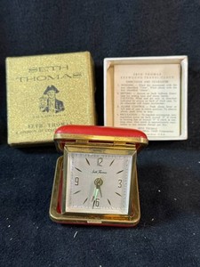 Vintage Red Seth Thomas Wind-Up Travel Clock With Box