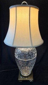 Clear Cut-Glass and Brass Leaf Motif Table Lamp Greek Key Base With Fabric Shade