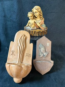 Religious Decor Mixed Lot - Italian Madonna and Child, Holy Water Font & Plaque (Lot of 3)