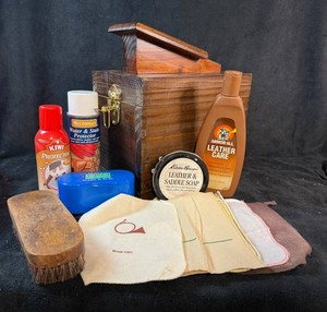 Wooden Shoe-Shine Box & Leather Care Mixed Lot