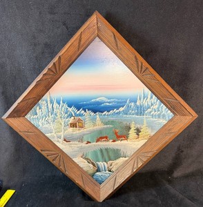 1997 Signed Winter Mountain Rustic Cabin and Deer Landscape Painting on Mirror  in Carved Wood Frame