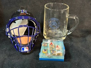 Sports Memorabilia Mixed Lot - Colorado Rockies Baseball Mask, Buffalo Curling Club Mug & Figure Skating Pins (3-Piece)