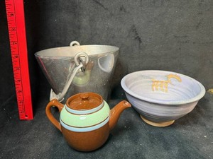 3-Piece Mixed Lot Pottery Barn Aluminum Bucket, Sadler Teapot, Signed Pottery Bowl