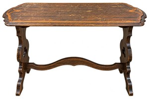 Antique Wood Console Table with Cloverleaf Cut outs Plank Top with Shaped Corners