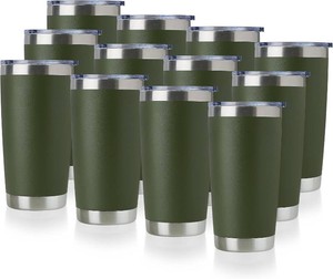 $83 DOMICARE 20oz Stainless Steel Tumbler Bulk with Lid, Double Wall Vacuum Insulated Travel Mug, Powder Coated Coffee Cup, Army Green, 12 Pack (2 missing)