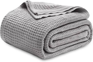 $76 Bedsure 100% Cotton Blanket, Waffle Weave, Queen Size, Grey, 90x90